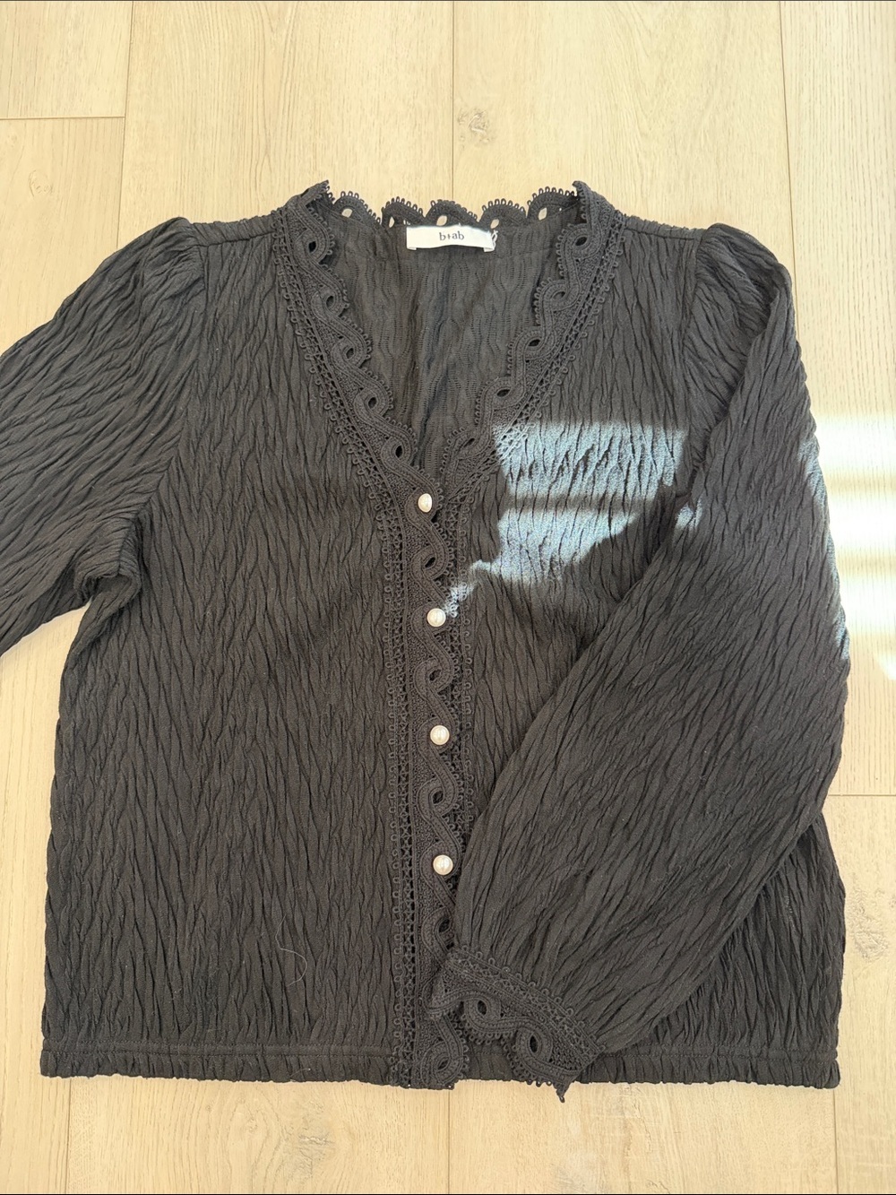 b+ab Black Textured Lace Trim Button Front Blouse Size Unknown around a medium
